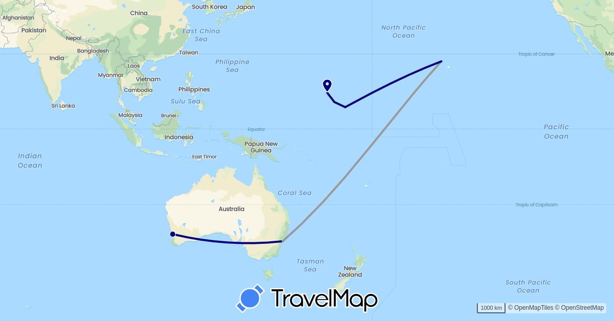 TravelMap itinerary: driving, plane in Australia, Marshall Islands, United States (North America, Oceania)